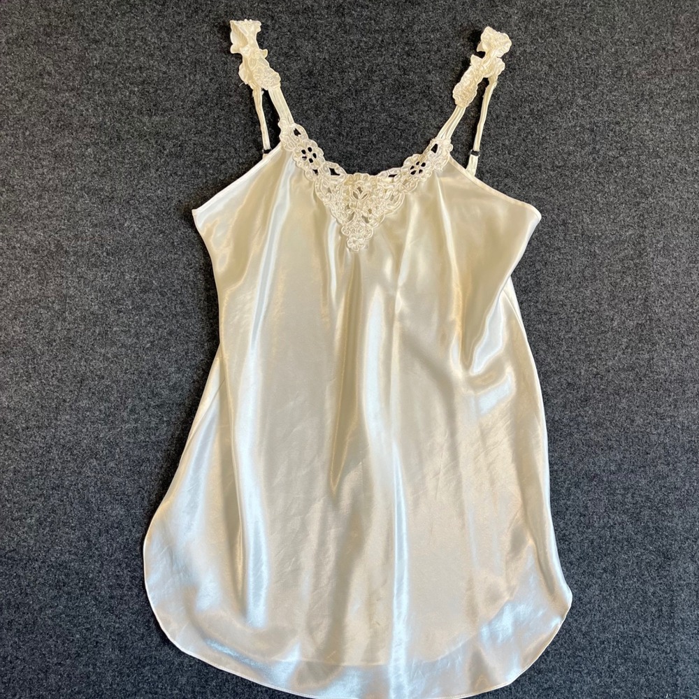 Dentelle Vintage 90s Ivory Satin Lace Pearl Chemise Nighty Slip Dress Sz L USA